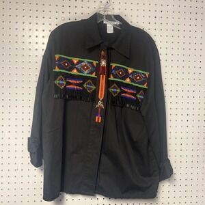 Vintage Lew Magram Womens Size 12 Black Beaded‎ Aztec Fringe Button Up Shirt